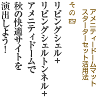 アメニティドームマットスターターセット活用法その４　リビングシェル＋リビングシェルトンネル＋アメニティドームで秋の快適サイトを演出しよう！