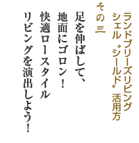 ランドブリーズリビングシェル“シールド”活用法その３ 「足を伸ばして、地面にゴロン！快適ロースタイルリビングを演出しよう！」