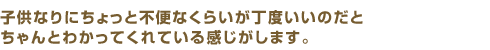 子供なりにちょっと不便なくらいが丁度いいのだとちゃんとわかってくれている感じがします。