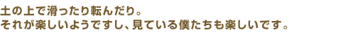 土の上で滑ったり転んだり。それが楽しいようですし、見ている僕たちも楽しいです。