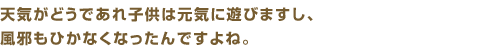 天気がどうであれ子供は元気に遊びますし、風邪もひかなくなったんですよね。