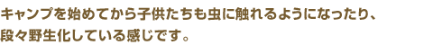 キャンプを始めてから子供たちも虫に触れるようになったり、段々野生化している感じです。