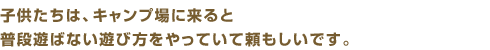 子供たちは、キャンプ場に来ると普段遊ばない遊び方をやっていて頼もしいです。